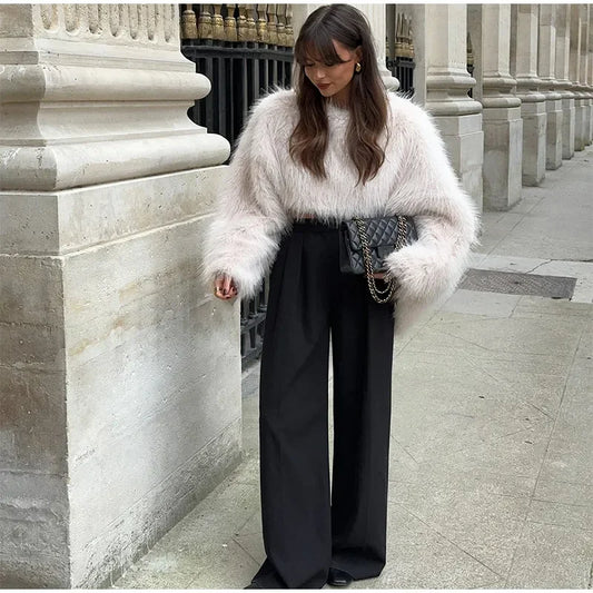 Cropped Kunstfell Pullover mit weiten Ärmeln für Damen