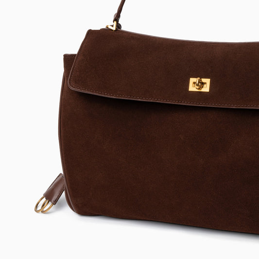 Clara – Elegante Damenhandtasche aus dunkelbraunem Wildleder mit goldfarbenem Drehverschluss
