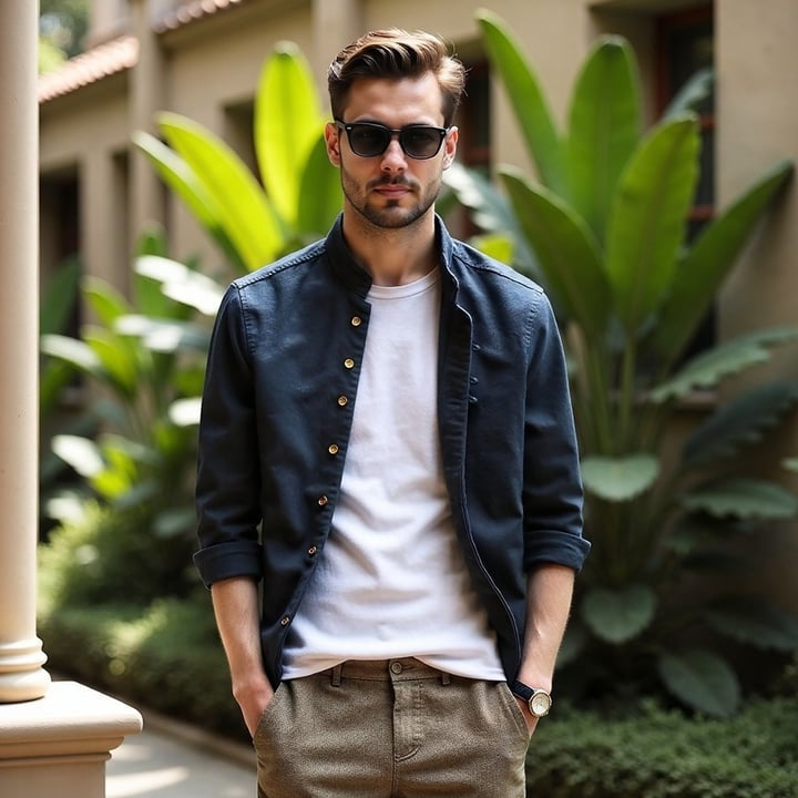 Elegantes Herrenhemd mit Stehkragen und modischer Knopfleiste – Stilvolle Langarmbluse für moderne Outfits