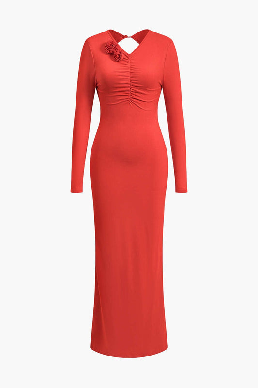 Clothilde | Elegantes Rückenfrei Langarm-Maxikleid mit Blumendetail