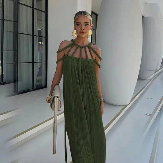 Lena | Boho Maxikleid mit Drapierung & dekorativem Trägerdesign