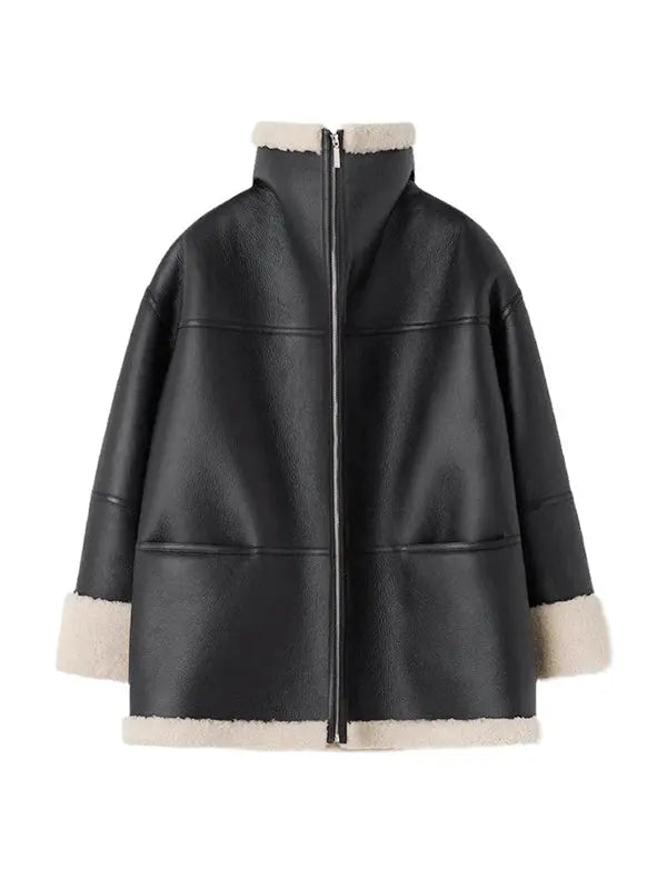 Lizzy | Oversized Kunstleder Shearling-Jacke in Schwarz