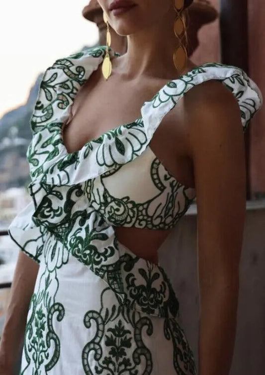 Diva | Gemustertes Maxi Kleid Sommer mit Volants & Rückenausschnitt