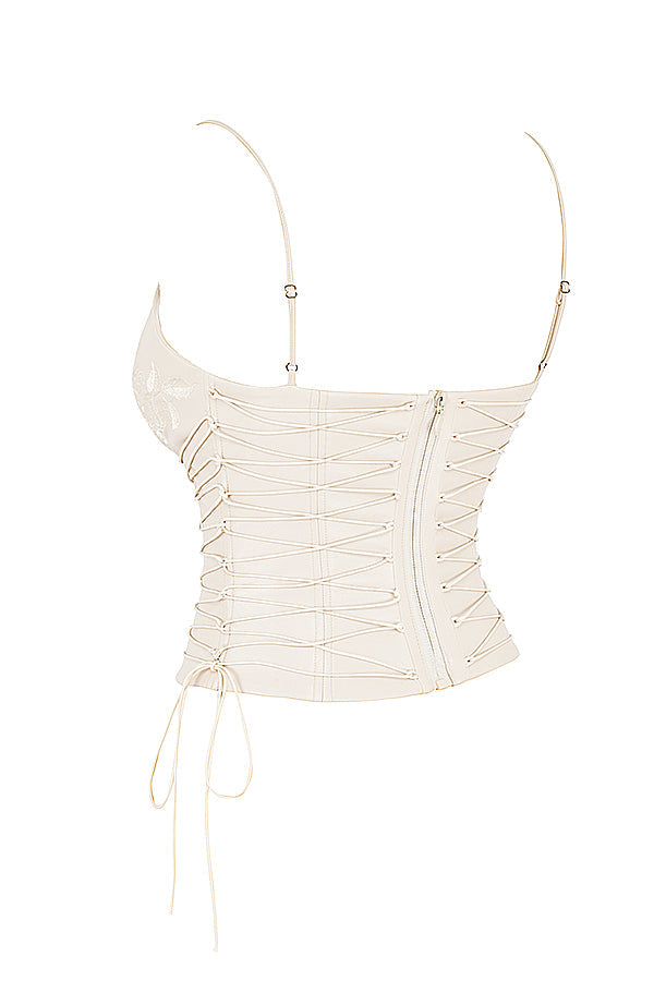 Karla | Weißes veganes Lederkorsett mit drapiertem Midirock für Frauen