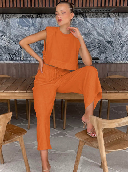 Elena | Zweiteiliges Leinen-Set mit Weitbein-Hose