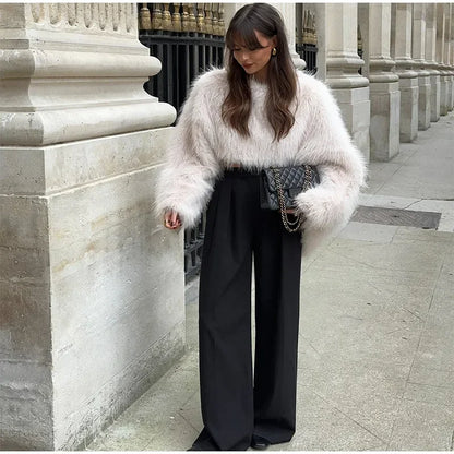 Cropped Kunstfell Pullover mit weiten Ärmeln für Damen