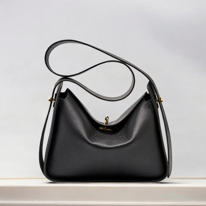 Aria | Elegante Damenhandtasche aus echtem Leder mit Drehverschluss, Top-Handle & Gold-Details – Strukturierte Schultertasche