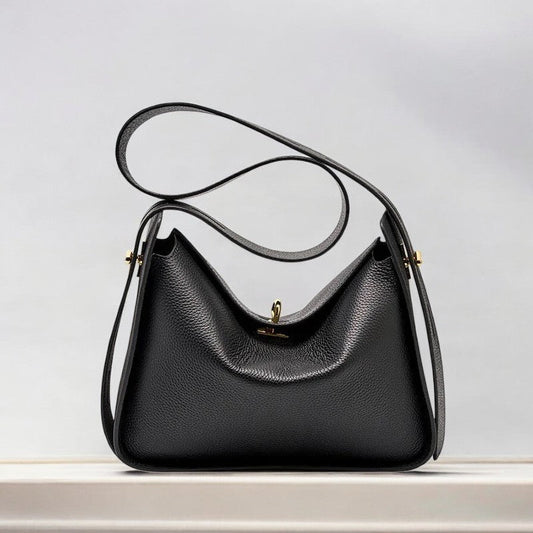 Aria | Elegante Damenhandtasche aus echtem Leder mit Drehverschluss, Top-Handle & Gold-Details – Strukturierte Schultertasche