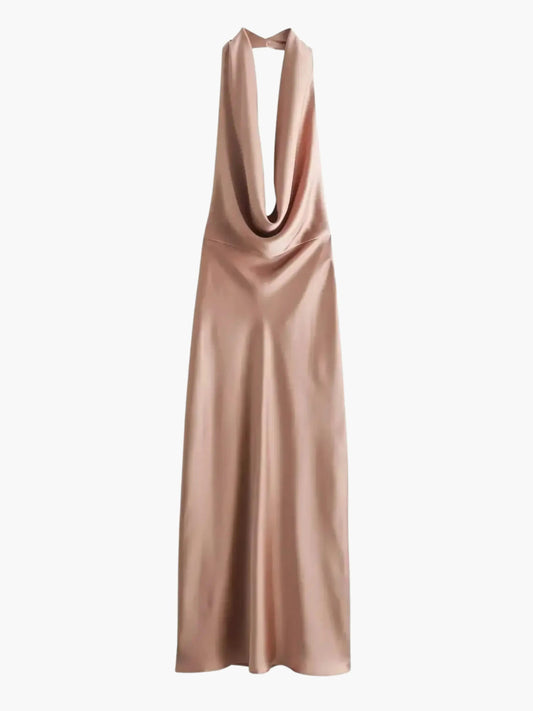 Sophia | Satin-Maxikleid mit Wasserfallkragen