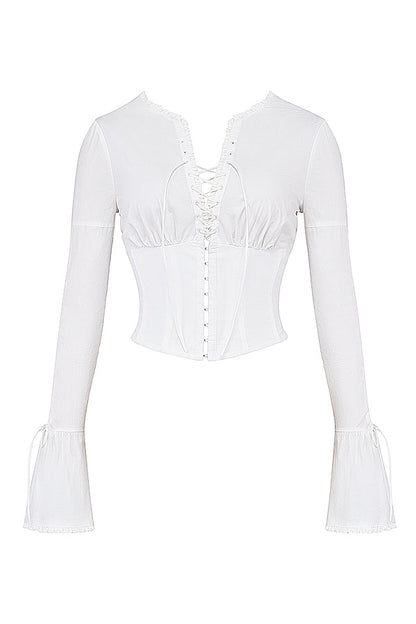 Annalena | Trendiges Weißes Langarm-Schnür-Corsett-Top