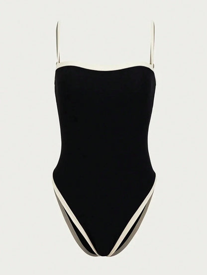 Eleganter Damen Badeanzug Schwarz – Einteiler mit hohem Beinausschnitt & stilvollen Kontrastdetails