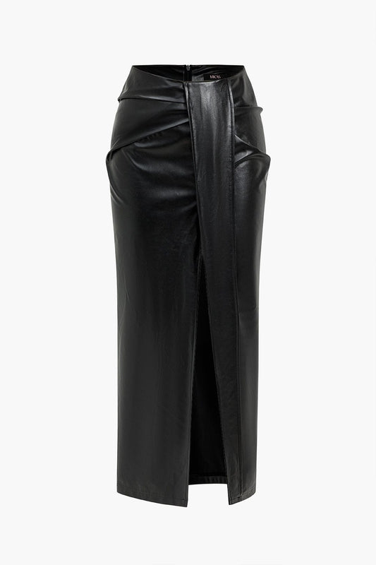 Dorle | Eleganter Kunstleder-Midirock mit Wickeloptik und hohem Schlitz