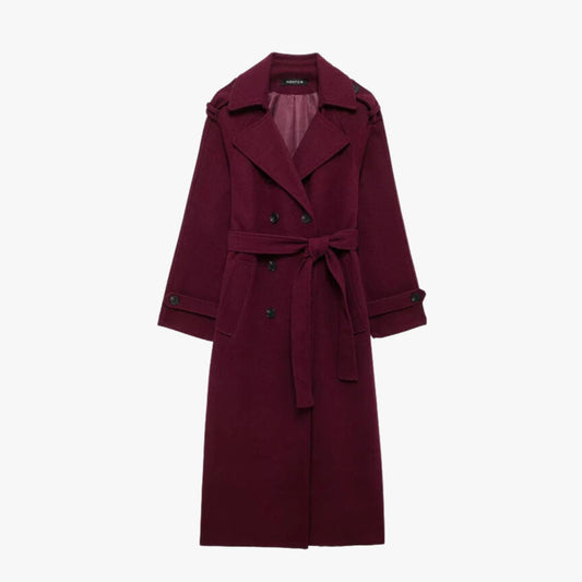 Quinty | Eleganter Trenchcoat in Bordeauxrot mit Gürtel