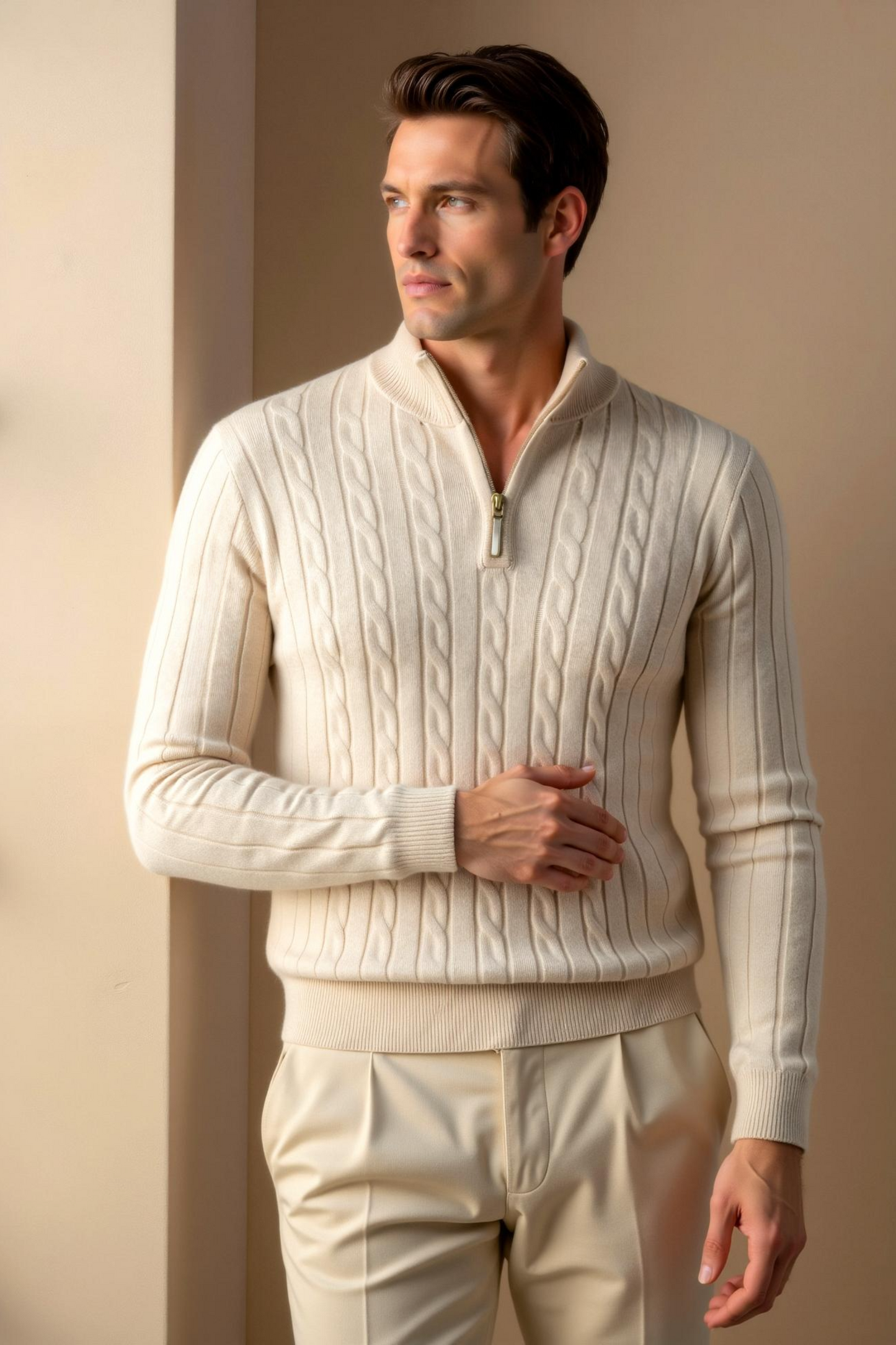 Eleganter Zopfstrickpullover mit Reißverschluss