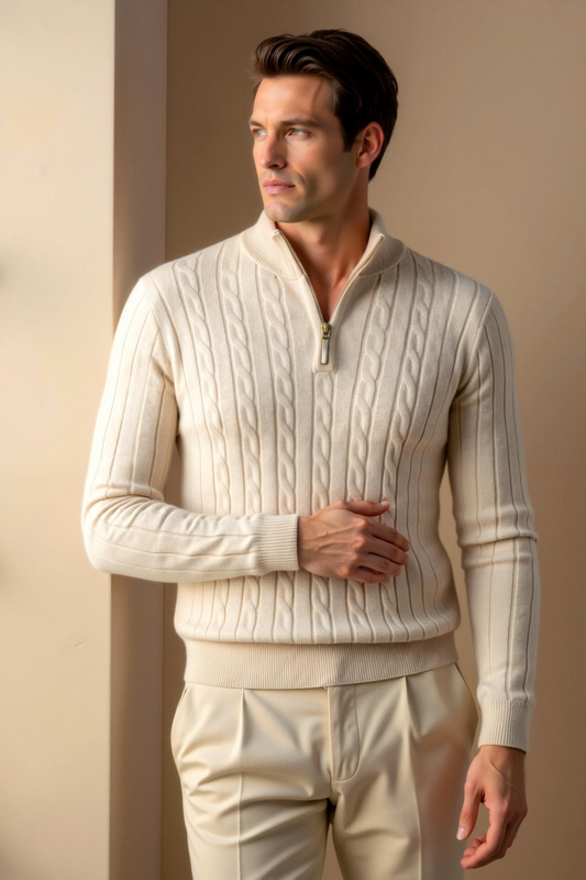 Eleganter Zopfstrickpullover mit Reißverschluss