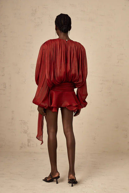 Plissiertes Minikleid mit langen Ärmeln und Bindekragen für Damen