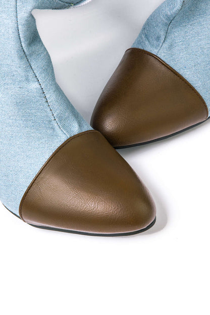 Chloe | Denim kniehohe Stiefel mit Absatz & Einstellbar Braun Gürtel