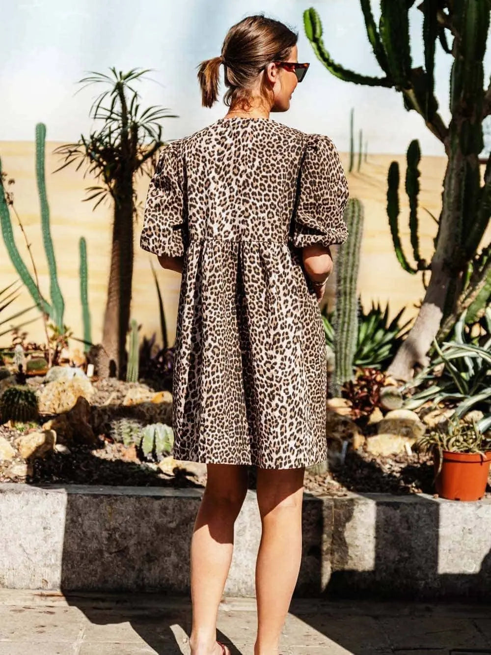Chiara | Damen Leopard Kleid mit Kurzes Puffärmeln