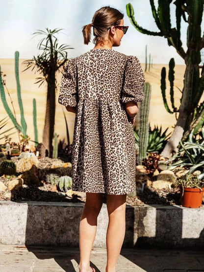 Chiara | Damen Leopard Kleid mit Kurzes Puffärmeln