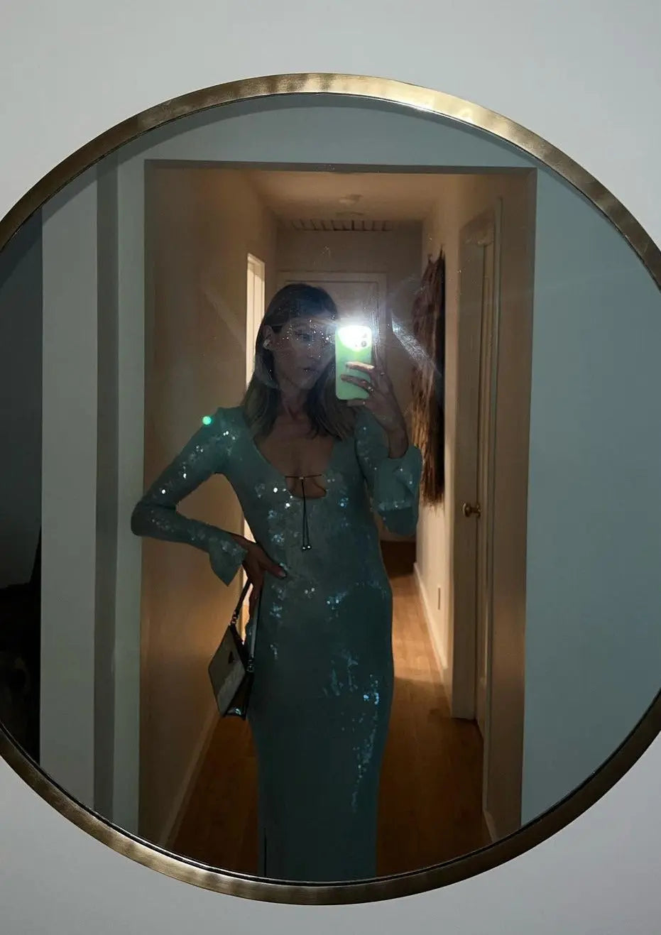 Maya | Spitze Front Langen Ärmeln Mintgrünes Glitzer Kleid Damen