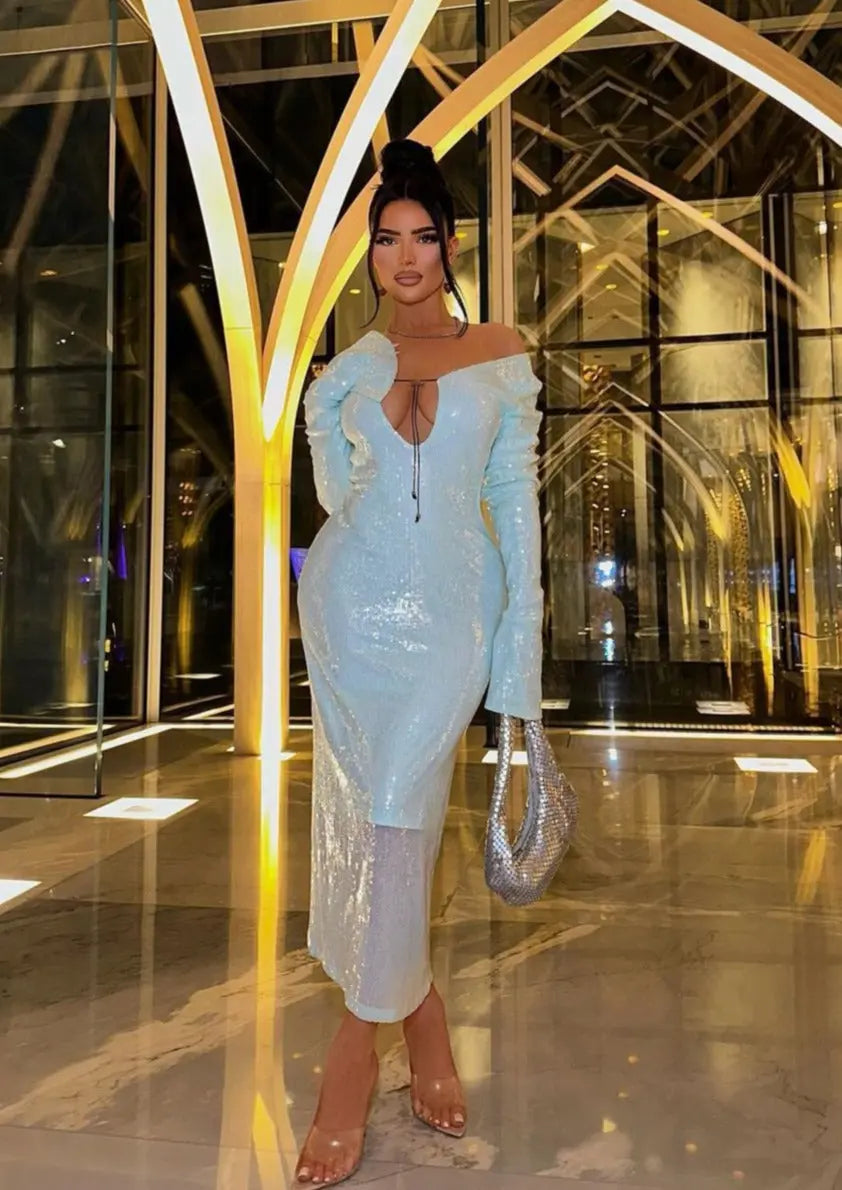 Maya | Spitze Front Langen Ärmeln Mintgrünes Glitzer Kleid Damen