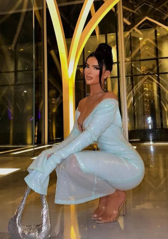 Maya | Spitze Front Langen Ärmeln Mintgrünes Glitzer Kleid Damen