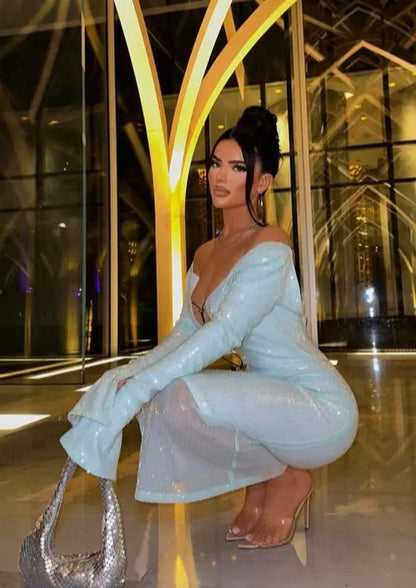 Maya | Spitze Front Langen Ärmeln Mintgrünes Glitzer Kleid Damen