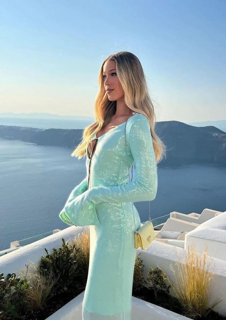 Maya | Spitze Front Langen Ärmeln Mintgrünes Glitzer Kleid Damen