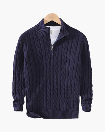 Carson |  Marineblau Zopfmuster-Pullover 3-teiliges Set mit hose & Wildleder-Loafer