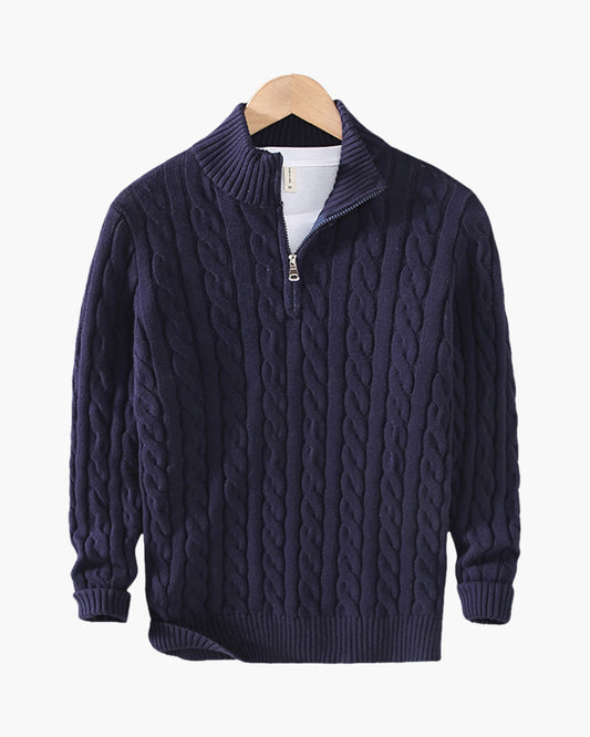 Carson |  Marineblau Zopfmuster-Pullover 3-teiliges Set mit hose & Wildleder-Loafer