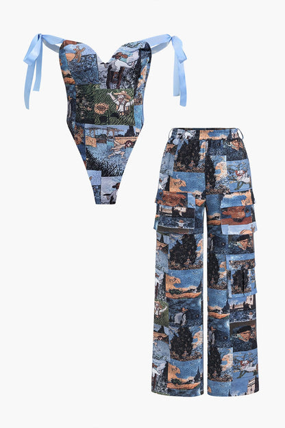 Andrea | Kunstvolle Corsage & Cargohose mit Retro-Print