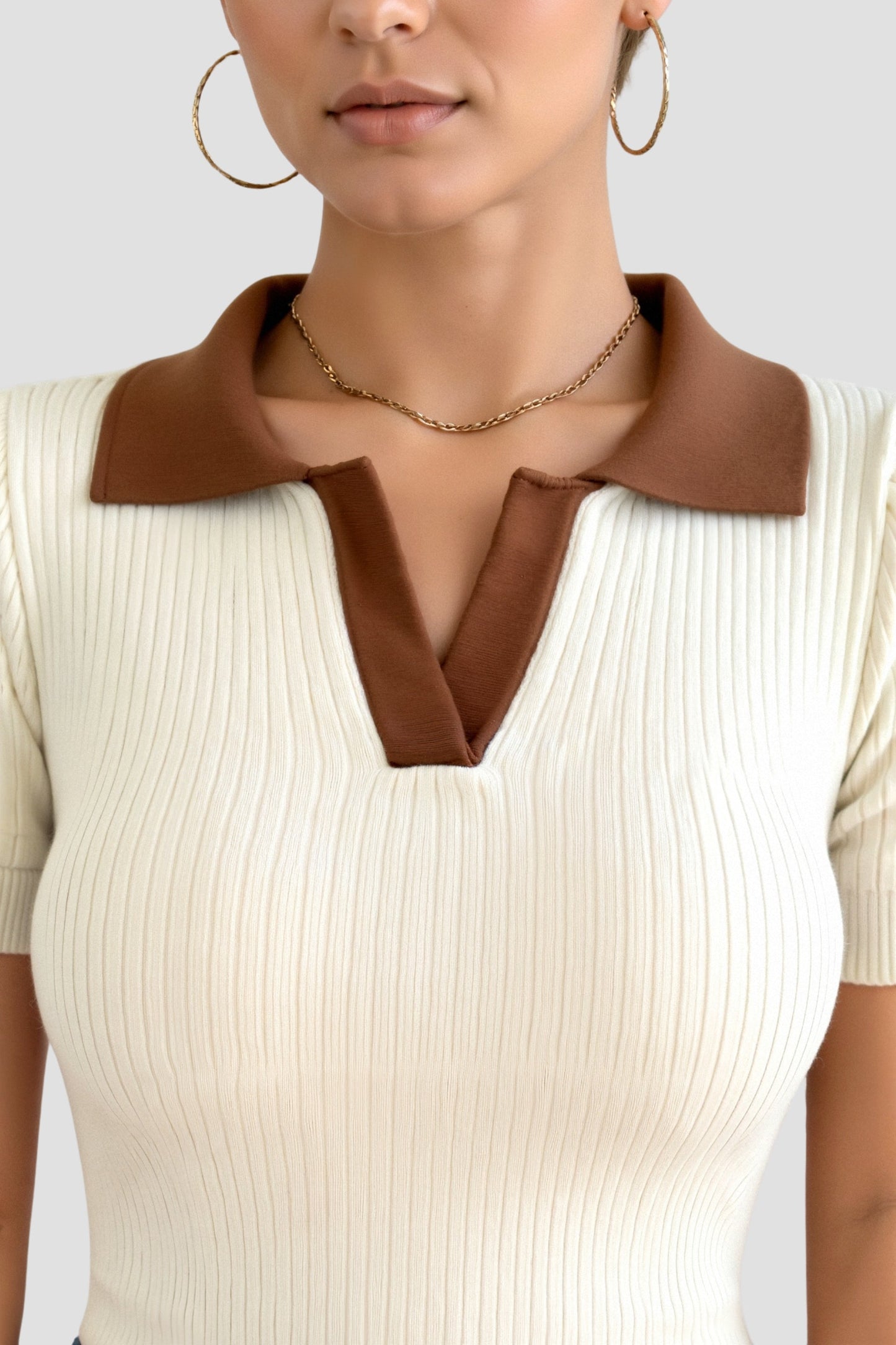 Lässiges Polo Farbe Block gekerbte Kragen gestrickt Top