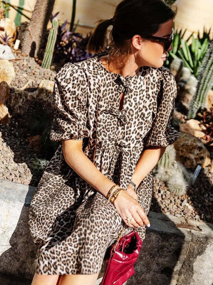 Chiara | Damen Leopard Kleid mit Kurzes Puffärmeln