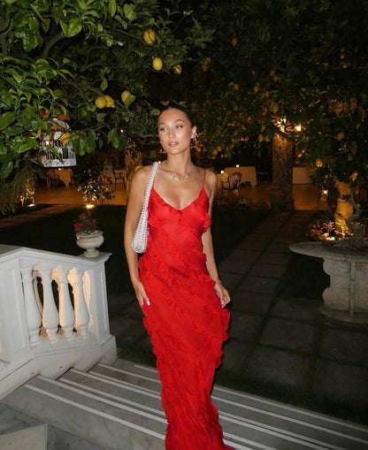 Maxikleid mit Rüschen – Figurbetontes Abendkleid mit Spaghettiträgern