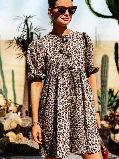 Chiara | Damen Leopard Kleid mit Kurzes Puffärmeln