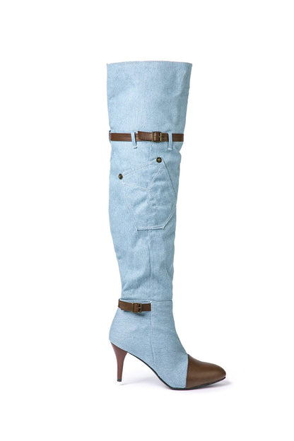 Chloe | Denim kniehohe Stiefel mit Absatz & Einstellbar Braun Gürtel