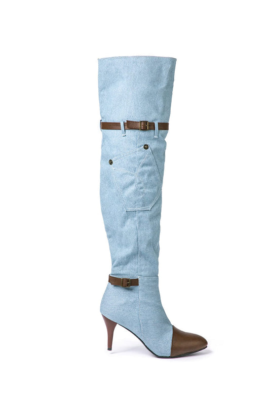 Chloe | Denim kniehohe Stiefel mit Absatz & Einstellbar Braun Gürtel