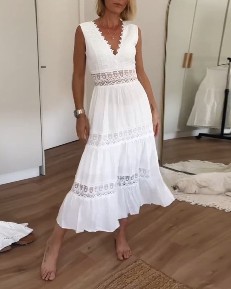 Elegantes Midi Sommerkleid mit Spitze & V-Ausschnitt – Feminin & Luftig