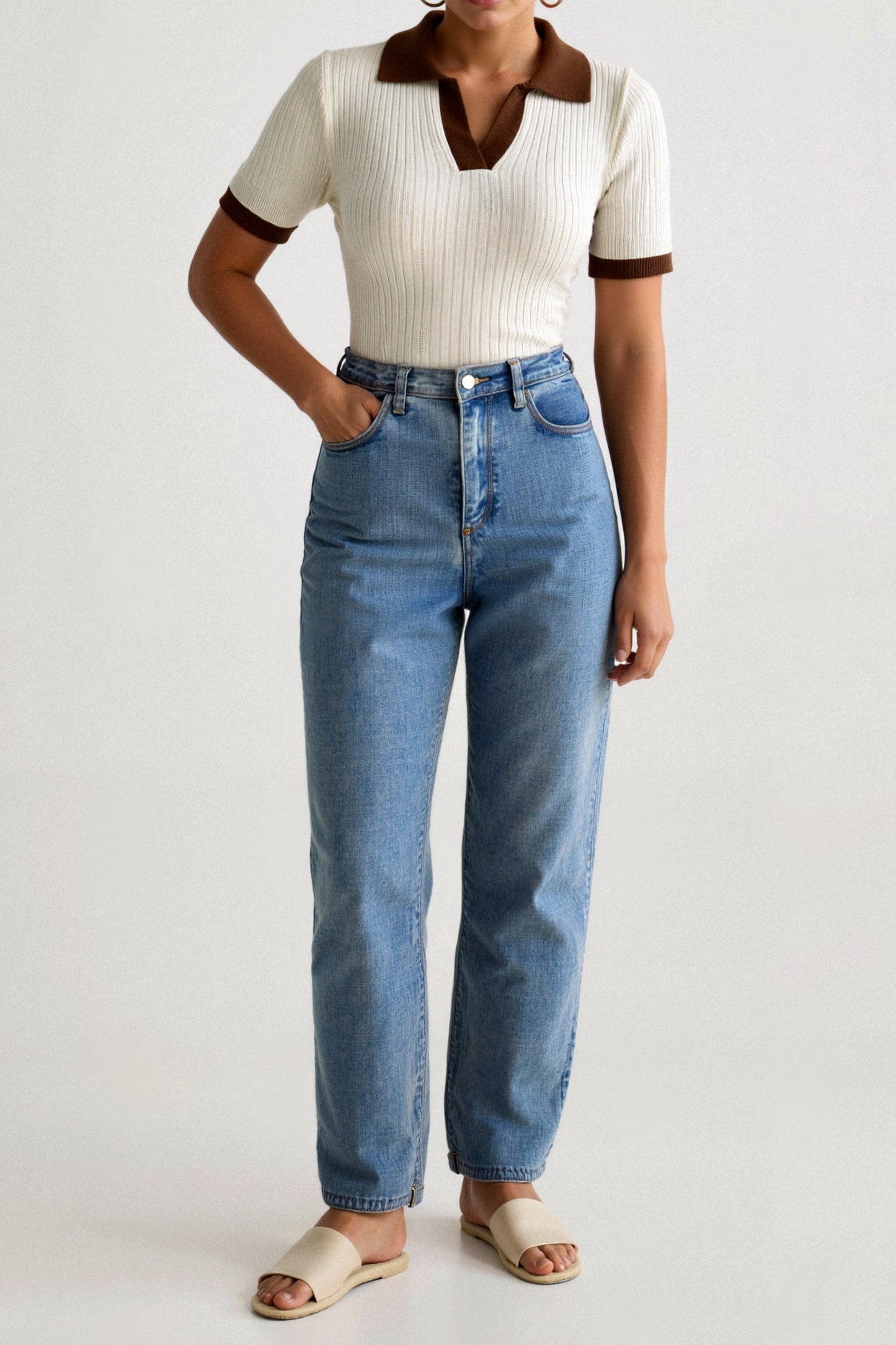 Lässiges Polo Farbe Block gekerbte Kragen gestrickt Top