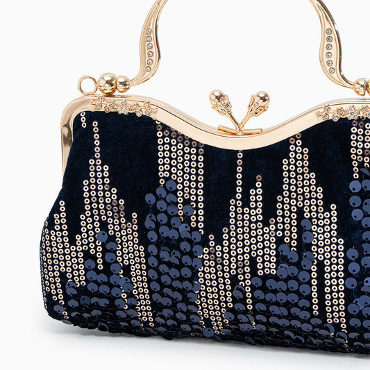 Alyannah | Navyblaue Samt-Clutch mit goldenen Pailletten & verziertem Griff – Elegante Abendtasche für Damen