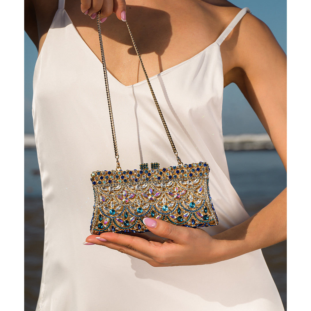 Aubrielle | Kristallverzierte Clutch in Gold-Blau mit funkelndem Strass & Ornamentmuster – Abendtasche für Damen