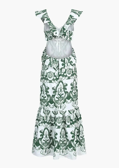 Diva | Gemustertes Maxi Kleid Sommer mit Volants & Rückenausschnitt