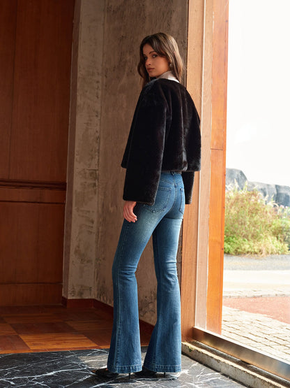 Elise | Kurze schwarze Kunstfelljacke