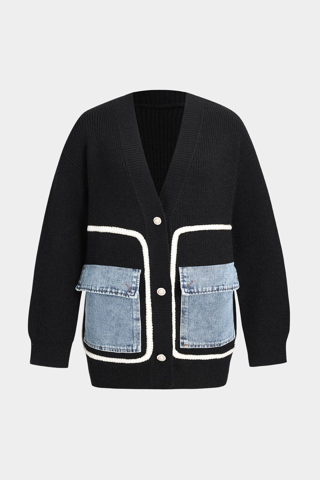 Ella | Schwarzer Strick-Cardigan mit Denim-Patches – Der perfekte Mix aus Komfort und Stil