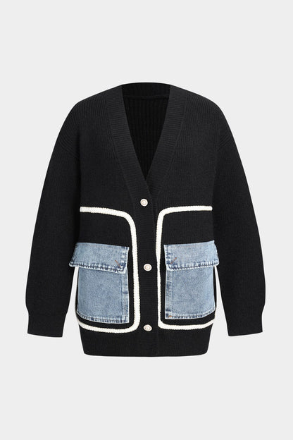 Ella | Schwarzer Strick-Cardigan mit Denim-Patches – Der perfekte Mix aus Komfort und Stil