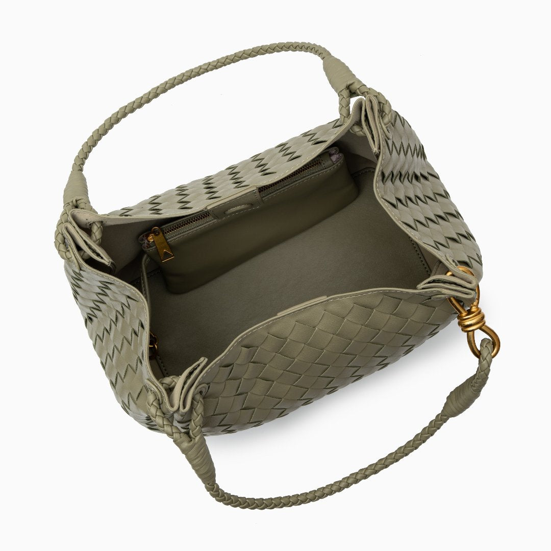 Valeria | Geflochtene schwarze Damenhandtasche aus veganem Leder mit Schulterriemen & goldenen Details