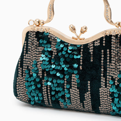 Alyannah | Navyblaue Samt-Clutch mit goldenen Pailletten & verziertem Griff – Elegante Abendtasche für Damen