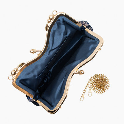 Alyannah | Navyblaue Samt-Clutch mit goldenen Pailletten & verziertem Griff – Elegante Abendtasche für Damen
