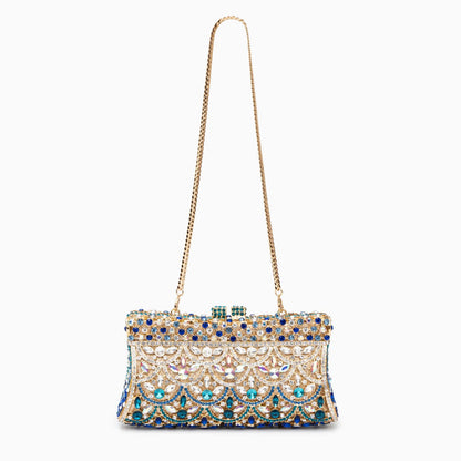 Aubrielle | Kristallverzierte Clutch in Gold-Blau mit funkelndem Strass & Ornamentmuster – Abendtasche für Damen