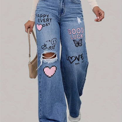 Weit geschnittene Jeans mit Herz- & Graffiti-Print – Trendige Streetstyle-Denim